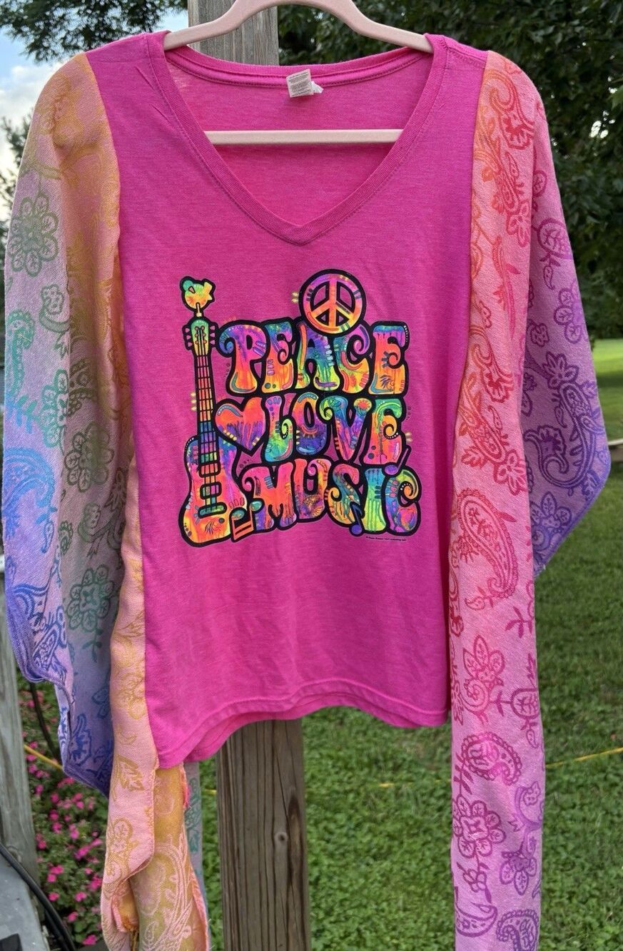 Upcycled Peace Love Music Kimono Sleeve Top Boho Hippie Retro One Size Fits Most